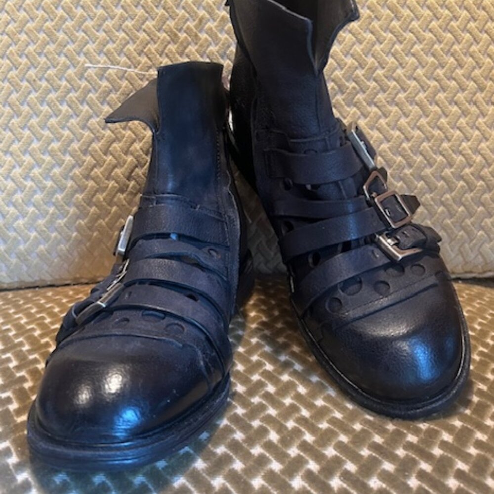 A.S. 98 x Free People Vivi Black Leather Buckle Moto Boho Ankle Dot Boots NWT